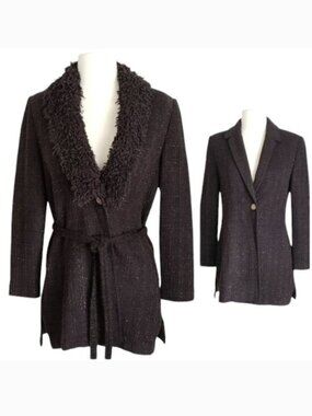 St John Vintage Brown Knit Belted Blazer Jacket w Furry Removable Collar- Size 2